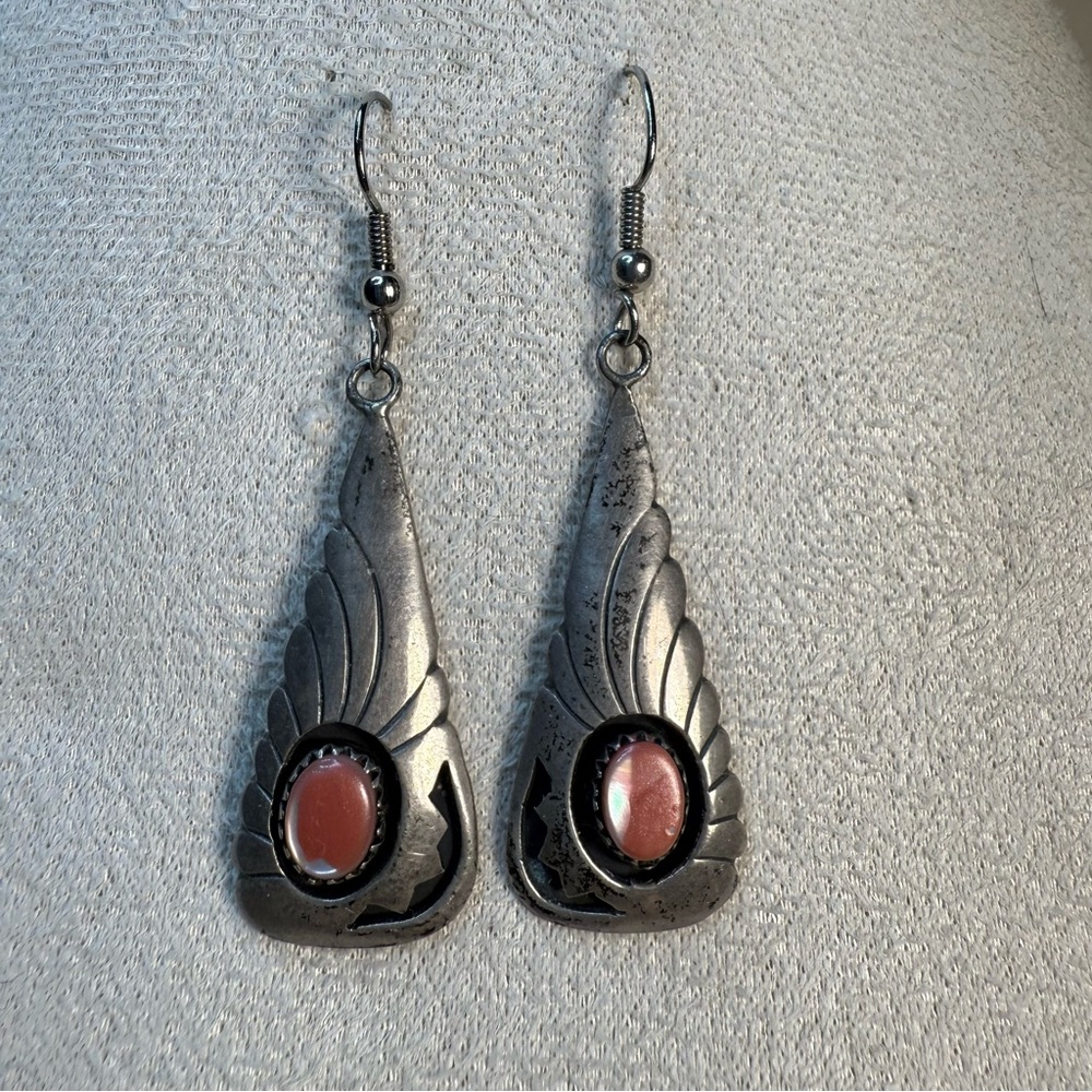 Vintage Navajo Shadowbox Earrings Sterling W/ Mother of Pearl Signed John White